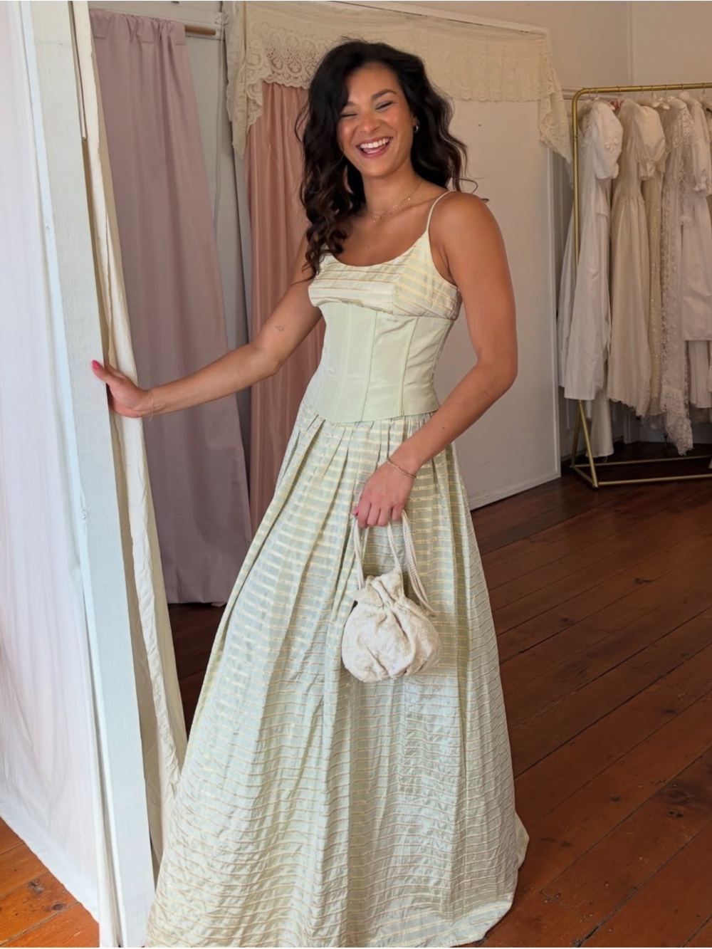 Vintage Gunne Sax - Striped Green & Gold Gown
